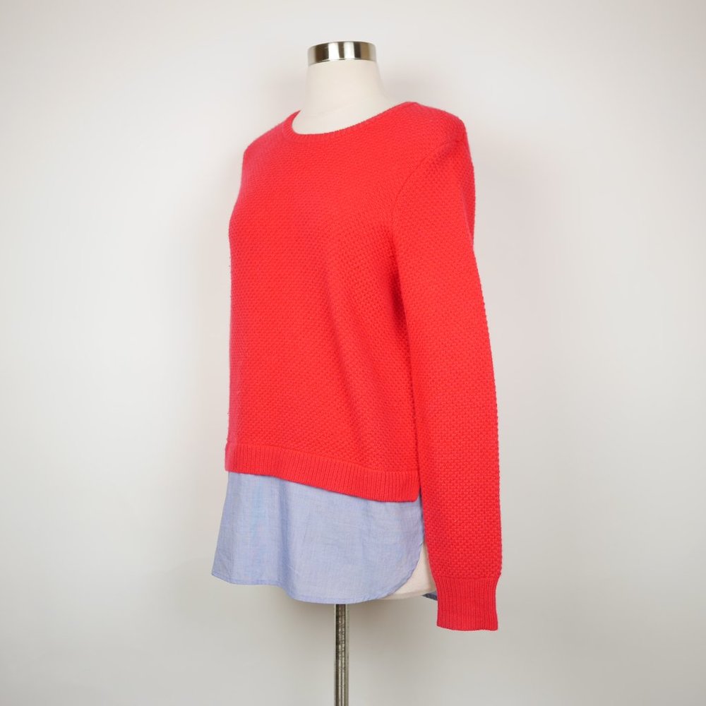 J. CREW Women's M Red knit long sleeve wool pullover sweater chambray faux shirt - Picture 5 of 10